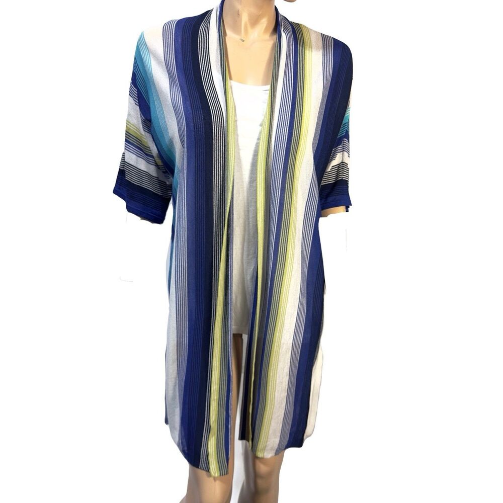 Chicos Open Front Cardigan Sweater Striped Blue White Size 2 L Large 12 14 NWT